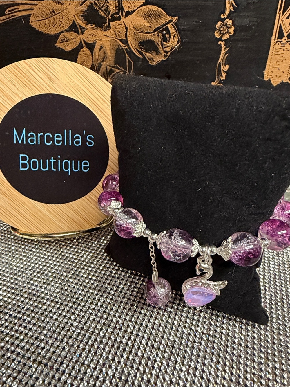 Purple Crackle Bead Charm Bracelet with swan charm